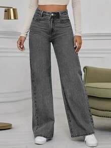 Women's Mid Waist Non Elastic Casual Loose Straight Leg Denim Pants Suitable For Daily Commuting And Home Wear - Màu xám đen - Xem 5