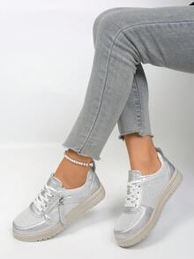 1 Pair Women's New Fashion Casual Sports Shoes, Solid Color Sports PU Leather Lace-Up Zipper Decor, New Fashion Women Casual Sports Shoes For Home, Holiday, Office, All Seasons