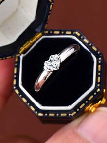 XUJIA 1pc 0.5 Carat Moissanite Ring, Women's 925 Sterling Silver, D-E Color, VVS1 Clarity, Round Or Heart Cut Single Stone, Engagement, Anniversary, Wedding Ring, Jewelry Gift For Her - Silver - View 7