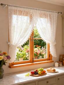 1pc White Pom-Poms Embroidery Sheer Curtain- 3D Pompoms Embroidered Pattern, White Soft Linen Fabric, All In One Piece Design,Princess Style Sheer Curtain For Dining Room Bedroom Hall Way Kitchen Rod Pocket Top