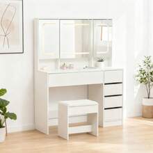 Dressing Table, Vanity Table With Stool, Lighting, Mirror, White - White 3 - View 7