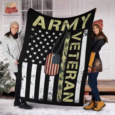 Veteran Military Service Medal Holder Design Reversible All-Season Quilted -Like Blanket - Heavy-Duty VETERAN Text & Dog Tag Emblem - Veterans Affairs Gift, Bedspread For Veterans, 30x40 Inches