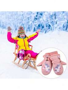 1 双儿童独角兽卡通图案抓绒防水保暖滑雪手套，幼儿全指连指手套，适合户外冬季运动 - 獨角獸 - 查看 3