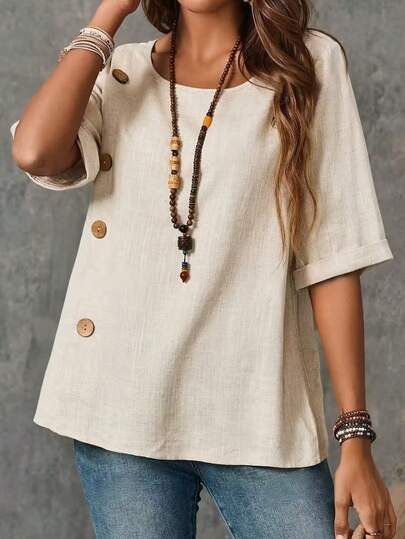 大码女式复古亚麻棉圆领宽松休闲百搭T恤