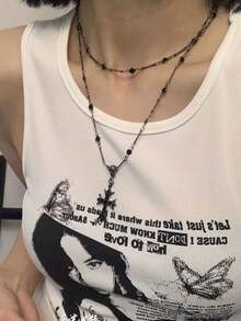 欧美风十字架吊坠项链，前卫甜美哥特风多层流苏长项链，女士毛衣链 - 彩色 - 查看 3