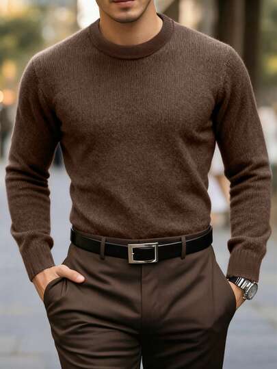 Men's Casual Solid Color Crew Neck Sweater, Versatile For Autumn/Winter