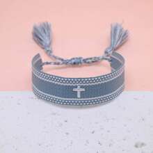 1pc Embroidered Cross Boho Handmade Woven Tassel Bracelet - Baby Blue - View 2