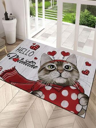 1 pieza Felpudo con diseño de corazón y gato lindo - Felpudo decorativo de grano de madera con corazón antideslizante para el Día de San Valentín, alfombra de poliéster lavable para interiores/exteriores, adecuada para entrada del hogar, dormitorio, pasillo, decoración del hogar, alfombra decorativa para fiestas, decoración de patio exterior, alfombra de cocina, felpudo grueso y sin olor