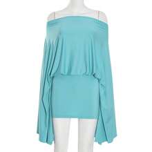 European And American Women's Clothing Autumn New One-Word Shoulder Big Horn Long-Sleeved Top Hip-Wrapped Short Skirt Set - 藍色(已做貨) - 查看 2