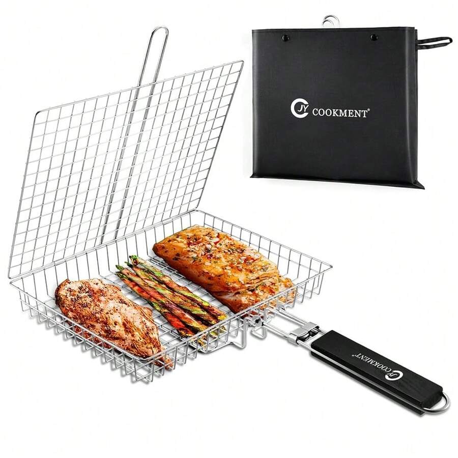 Grill Basket Stainless Steel With Portable Removable Handle, Grilling Basket-BBQ Accessories For Vegetable, Shrimp, Fish, Steak And Outdoor Use-Dishwasher ,Siliver - 銀 - 查看 1
