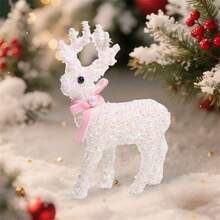 Figuras navideñas de renos, estatua de ciervo brillante con oropel y lazo, campanillas, decoración de mesa para fiestas navideñas en el hogar. - Rosa - Ver 3