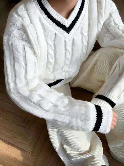 1 件男童简约 V 领休闲针织毛衣，适合户外和通勤，秋冬