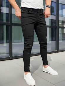 Men's Slim Fit Distressed Denim Jeans, Motorcycle Style Skinny Leg Pants - Black - View 3