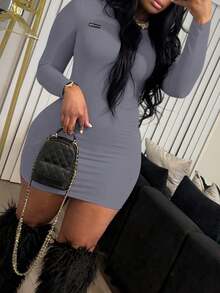 LovelyWholesale Women's Casual Round Neck Long Sleeve Solid Color Fitted Mini Dress, Suitable For Daily Wear In Summer - Dark Grey - View 6