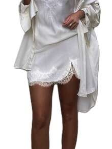 Women Half Slips Eyelash Lace Trim Satin Silk Bodycon Short Mini Skirts High Waist Patchwork Slim Fitted Underskirts Underwear Lingerie Dress - 白色 - 查看 6