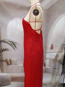 Women Sexy Sequin Crisscross Backless Split Bodycon Slip Dress, Suitable For Cocktail Party, Graduation Ceremony, Night Out - Red - View 3