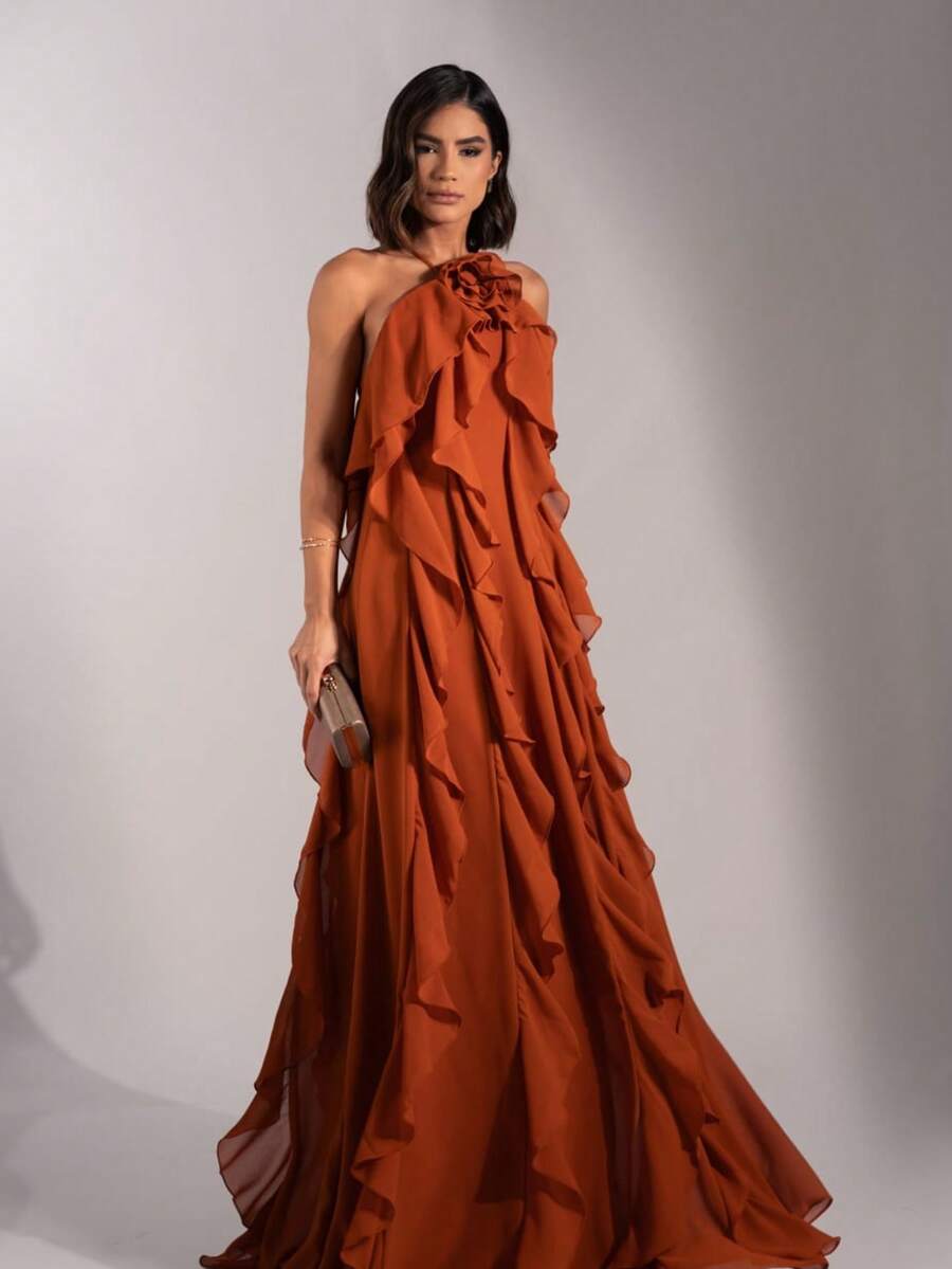 Elegant Long Party Dress With Ruffles And Floral Collar – Bridesmaid Style, Pleated Knot Hem With Ruffles, Wedding Dress - 紅陶 - 查看 1