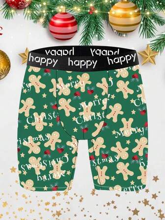 1-Pack Novelty Men's Shorts Featuring A Gingerbread Pattern Print, Made Of Polyester Elastic Fabric, Soft And Skin-Friendly, Quick-Drying And Breathable, Perfect As A Christmas Gift. With An Alphabetic Jacquard Waistband, These Playful And Cute Men's Long Flat-Angle Underwear Are Ideal For Home Leisure Wear