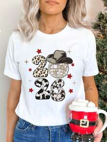 2026 New Year T-Shirt, Leopard Print 2026 Shirt, Western New Year Shirt, Cowboy Hat Disco Ball Shirt - 白色 - 查看 1