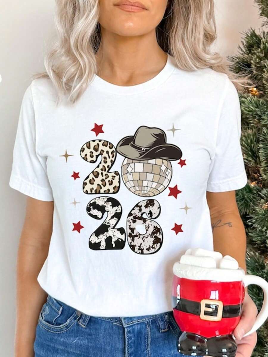 2026 New Year T-Shirt, Leopard Print 2026 Shirt, Western New Year Shirt, Cowboy Hat Disco Ball Shirt - 白色 - 查看 1