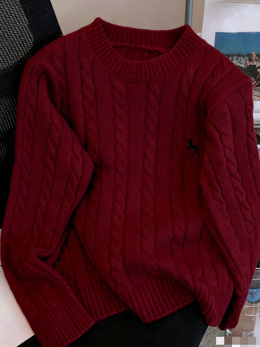 Autumn/Winter Casual Embroidered Crew Neck Cable Knit Sweater For Women, New Loose Cardigan Knitwear - Red - View 1