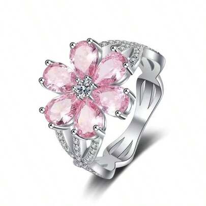 1pc Elegant Minimalist Cute Pink Floral Shaped Premium Women's Jewelry Ring, Luxury Flower Ring, Women's Engagement Ring, Exquisite Pink Icy Flower Teardrop Ring, Sweet & Elegant Super Shiny Pink Rhinestone Flower Band Ring, Fashionable Delicate Sweet Floral Niche Sakura Lightweight Romantic Ring, Gift For Girlfriend On Valentine's Day