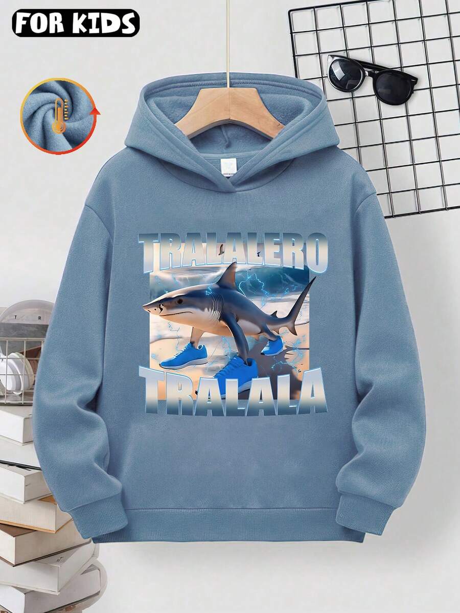 青少年/大童男孩 Tralalero Tralala 運動鞋,四足鯊魚 AI 圖案,休閒百搭寬鬆運動街頭學院風,含舒適長袖運動衫 - 牛仔藍 - 查看 1