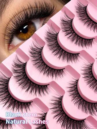 Nytt set med 7 par naturliga, fina lösögonfransar i serietidningsstil - svart fransskaft, kattögonform i konstmink, naturlig finish, lämplig för vardaglig makeup - nybörjarvänlig, återanvändbar, bekväm att bära, perfekt för dejter, fester och semestrar.