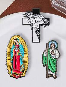 1pc/3pcs Religious Commemorative Enamel Metal Badge Set - Cross, Virgin Mary, Jesus Enamel Brooch For Clothing, Backpack, Daily Wear - Multicolor - View 7