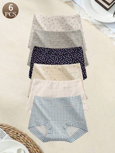 6PCS Women's Panties Fashionable And Fresh With Floral Heart Pattern Women's Casual Sports Underwear Soft And Comfortable Mid Waist Women's Boxer Briefs