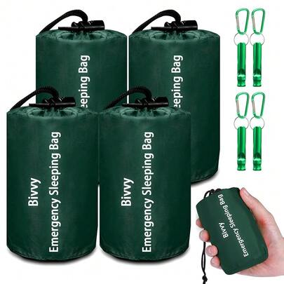 Emergency Sleeping Bag Survival Bag, Cymuber Portable Waterproof Thermal Bivy Sacks Tac Bivvy Bags,Camping Mylar Sleeping Bag Survival Gear Emergency Blankets Survival Shelter,4PACK,FArmyssGreen