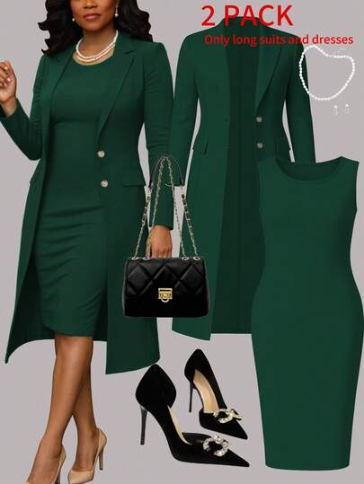 Women's Elegant 2 Pieces Set, Autumn/Winter: Solid Color Long Sleeve Cardigan Blazer + Sleeveless Midi Dress, Versatile
