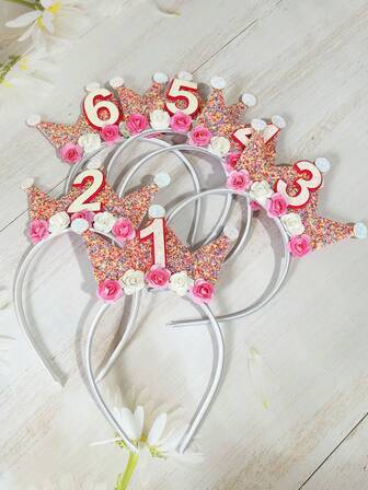 1pc Glitter 3D Round Slice Floral Birthday Headband, Cute Birthday Crown Headpiece, Teens Number Decor 1-6 Headband, Party Costume Accessory