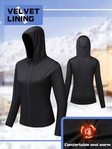Chaqueta deportiva con capucha y cremallera, forrada de forro polar grueso para mujer, para otoño e invierno - Negro - Ver 1
