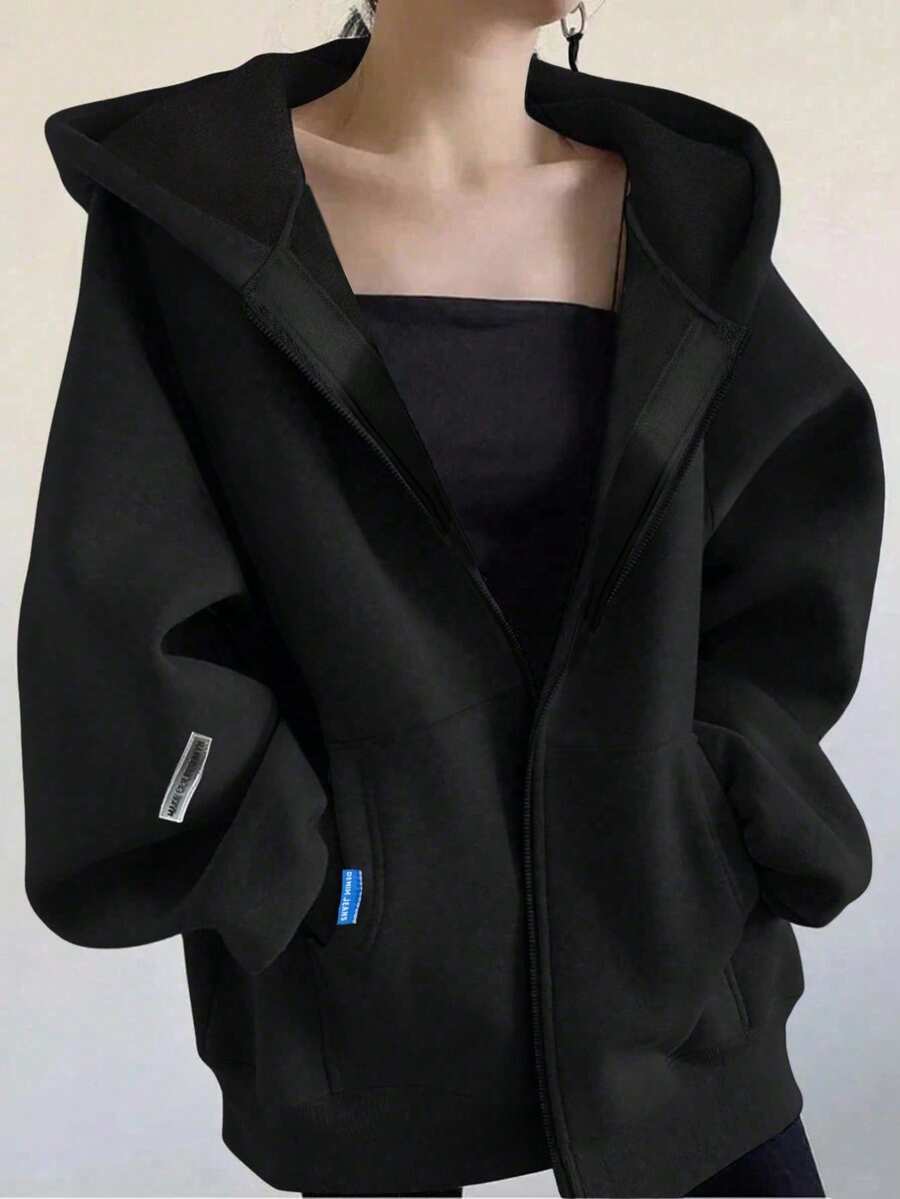 1pc Teen Girls Casual Minimalist Thermal Lined Hooded Sweatshirt Sweatshirt, Warm For Spring, Autumn & Winter - Black - View 1