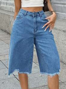 Shorts vaqueros desgastados para mujer - Tiro medio, ajuste relajado, bajo deshilachado, detalles rasgados, bolsillos funcionales, estilo casual bohemio - Azul lavado medio - Ver 7