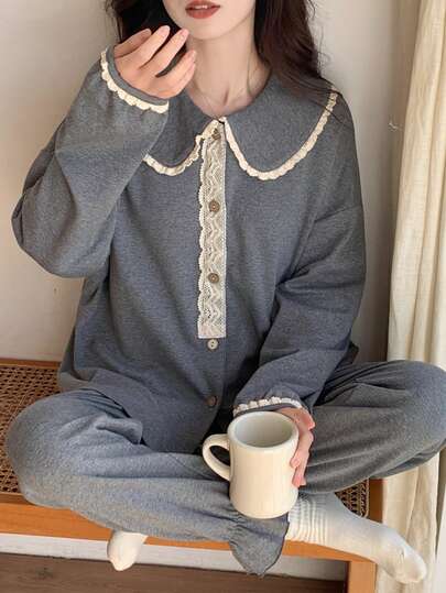 2 piezas Conjunto de pijama para mujer, Estilo vintage cuello redondo unicolor Cardigan Pijamas, Adecuado para primavera, otoño e invierno, Conjunto a juego