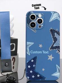 1pc Customizable Blue TPU Phone Case With Star Pattern, 1pc Blue Lanyard Clasp, Customized Text Phone Case, Suitable For Anniversary, Valentine's Day, Birthday, Wedding, Mother's Day, Father's Day, Best Friend Gifts, Gifts For Mom/Dad, Boyfriend/Girlfriend, Compatible With Apple/Android/ Phones - Multicolor - View 4
