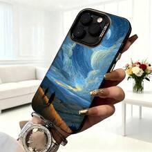 Cubierta de telefono con diseño de arte abstracto azul oscuro con paisaje estrellado y figuras caminando para uso diario en cafeterias y salas de estar - Blanco - Ver 6