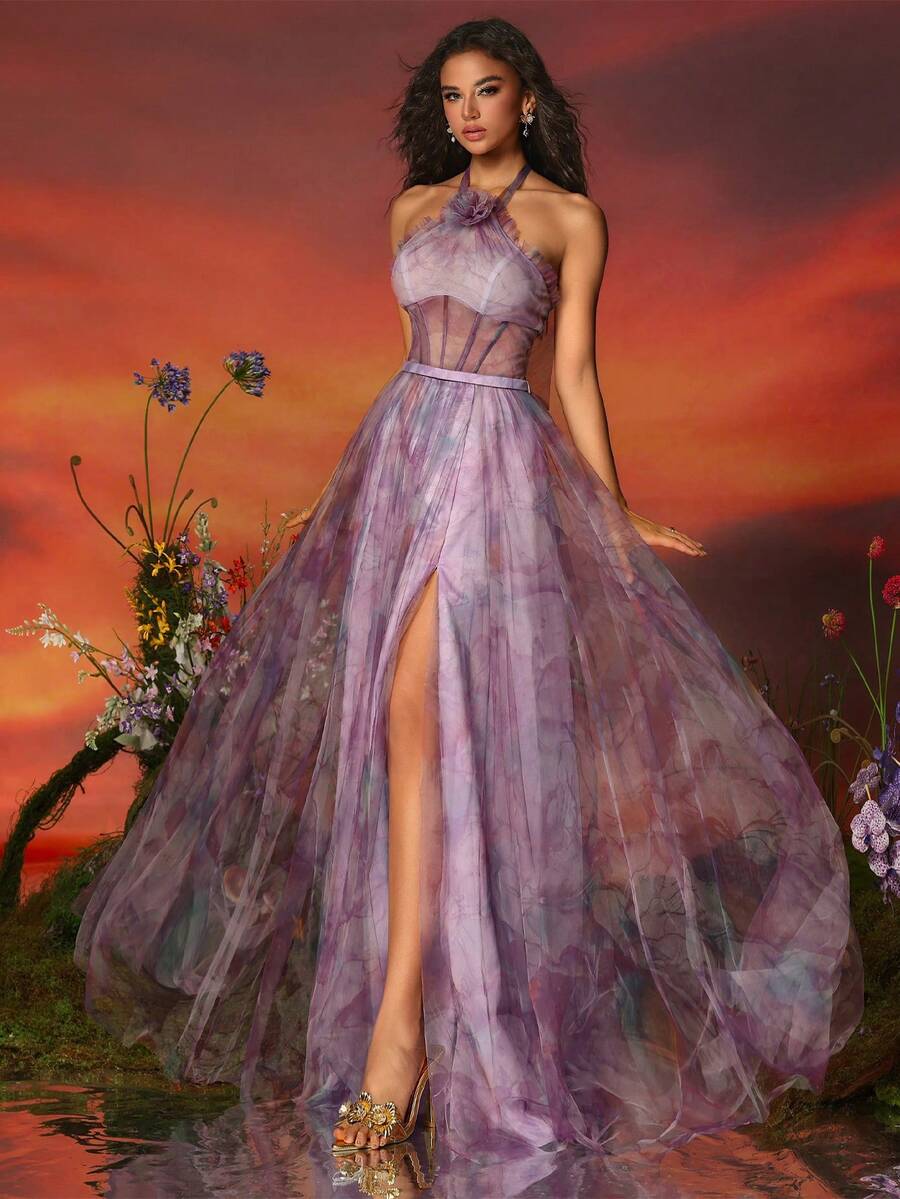 Đầm dạ hội VIPGIRL bằng vải lưới in họa tiết, cổ yếm, thanh lịch dành cho nữ. - Màu tím - Xem 1