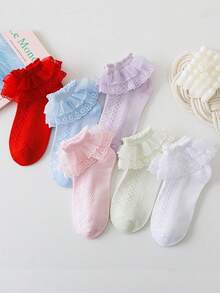 3/6 pares de meias infantis de algodão com detalhes em renda, cor sólida, estilo princesa, versáteis para festas e dança. - Multicolorido - Ver 3