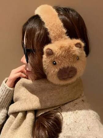 1个可爱水豚造型耳罩 - 蓬松可折叠冬季耳罩，柔软毛绒动物造型，仅限手洗，适合休闲旅行和户外活动，可爱保暖耳罩，旅行头饰，趣味设计，舒适贴合保暖配件