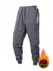 男士休闲弹力腰带保暖内衬慢跑裤，秋冬季保暖 - 深灰色 - 查看 2
