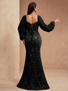 新款奢华高端亮片蕾丝拼接雪纺灯笼袖V领手工串珠女士优雅美人鱼尾正式晚礼服，适合婚礼、派对、宴会、红毯等场合，黑色春季款 - 黑色 - 查看 3