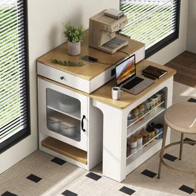 Isola da cucina con ruote, tavolo da pranzo estensibile con piano rimovibile, carrello di servizio mobile con prese multiple, utilizzabile come credenza, buffet o tavolo da bar per cucina e sala da pranzo (nero)