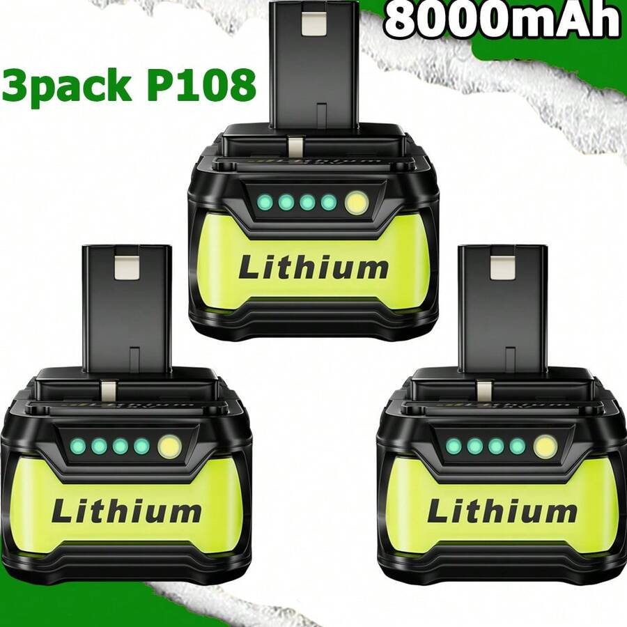 Upgraded 8.0Ah 3Packs P108 18V Battery Compatible With Ryobi 18V ONE+ Battery Replacement RBL1810 P108 P102 P103 P104 P105 P107 P109 P122 Cordless Tool Batteries Rapid Rechargeable Batteries With Indicator - Black-8.0Ah - View 1