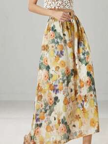 女士油画印花优雅A字裙，波西米亚风格，涤纶面料，无弹力，适合春夏穿着 - 黃色 - 查看 2