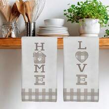 MEMNUN 2条装灰褐色格子“LOVE HOME”印花厨房毛巾，尺寸15.75*23.62英寸（40*60厘米），超柔软吸水超细纤维材质，可作餐巾、手巾、洗碗布、家居装饰、厨房装饰、烹饪烘焙清洁巾、厨房配件，可机洗，适用于餐厅、厨房、日常装饰和礼品，四季皆宜。