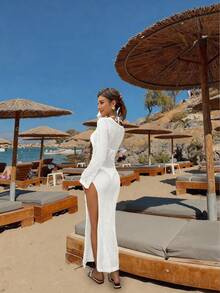 FOR BEAUTY 白色新款女士连衣裙，蜜月和婚礼季海滩度假风，性感透视镂空连衣裙，波西米亚风深V领长袖针织罩衫，适合狂欢节、新年、情人节等场合。