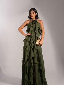 Elegant Long Party Dress With Ruffles And Floral Collar – Bridesmaid Style, Pleated Knot Hem With Ruffles, Wedding Dress - 橄欖綠 - 查看 1